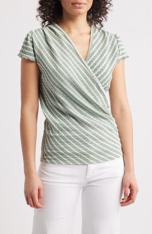 ラブアペラ レディース トップス シャツ Loveappella Puckered Stripe Wrap Frontop Sage セージ