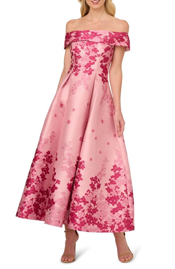 アドリアナ パペル レディース トップス ワンピース フラワー柄 フラワー Adrianna Papell Floral Off the Shoulder Jacquard Gown Pink Multi ピンク