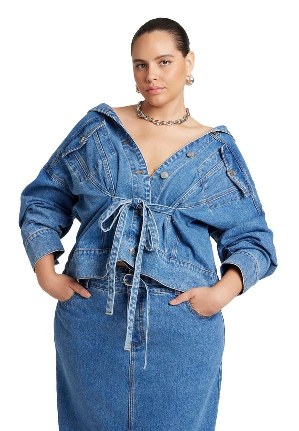 エロクイ レディース ボトムス デニムパンツ ウエストマーク ジャケット ELOQUII Denim Jacket With Cinched Waist Medium Wash デニム