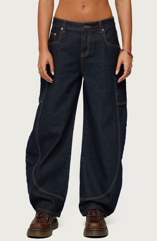 アディクテッド レディース ボトムス デニムパンツ ローライズ ジーンズ EDIKTED Aden Low Rise Barreleg Jeans DarkBlue ブルー