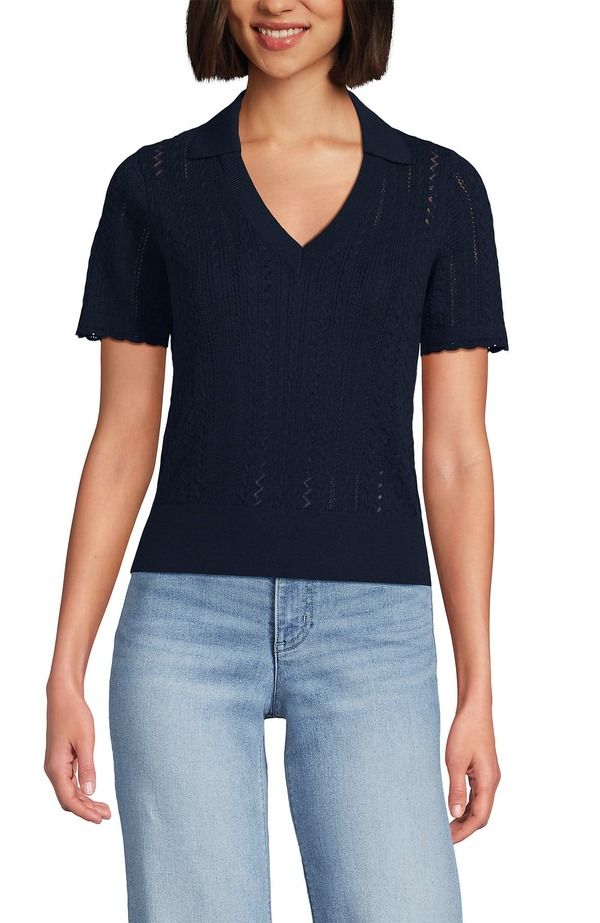 ランズエンド レディース トップス ポロシャツ セーター コットン Lands End Fine Gauge Cotton Pointelle Polo Sweateradiant Navy ネイビー