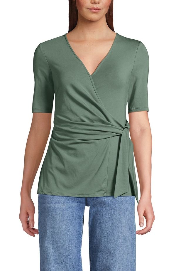 ランズエンド レディース トップス シャツ ブラウス ジャージー Lands End Elbow Sleeve Lightweight Jersey Side Tie Blouse Lily Pad Green グリーン