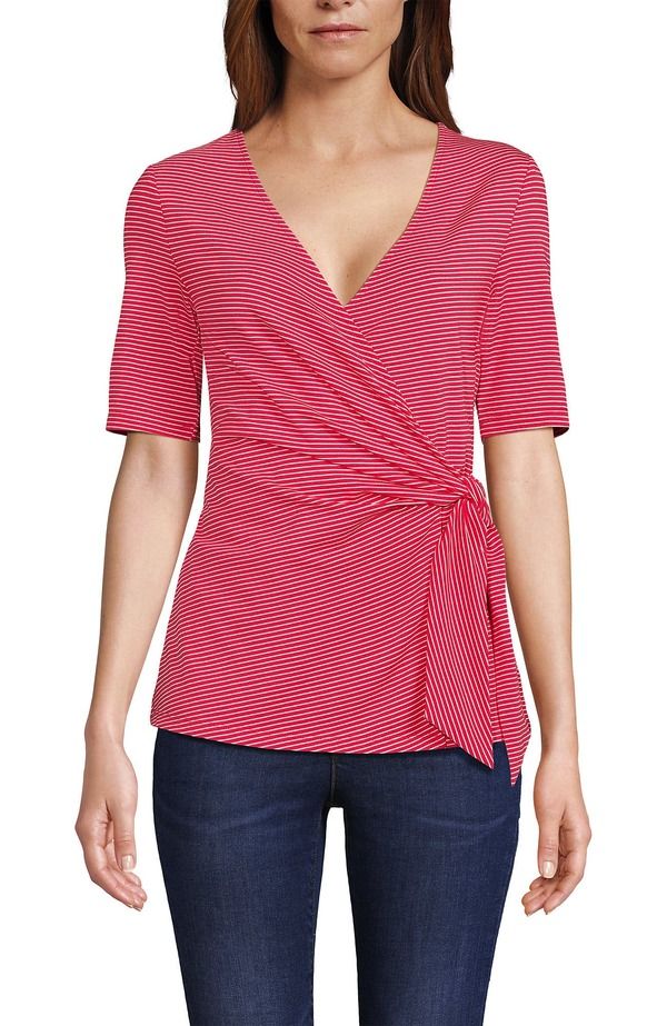 ランズエンド レディース トップス シャツ ブラウス ジャージー Lands End Elbow Sleeve Lightweight Jersey Side Tie Blouse Berry Rouge Tiny Stripe ストライプ