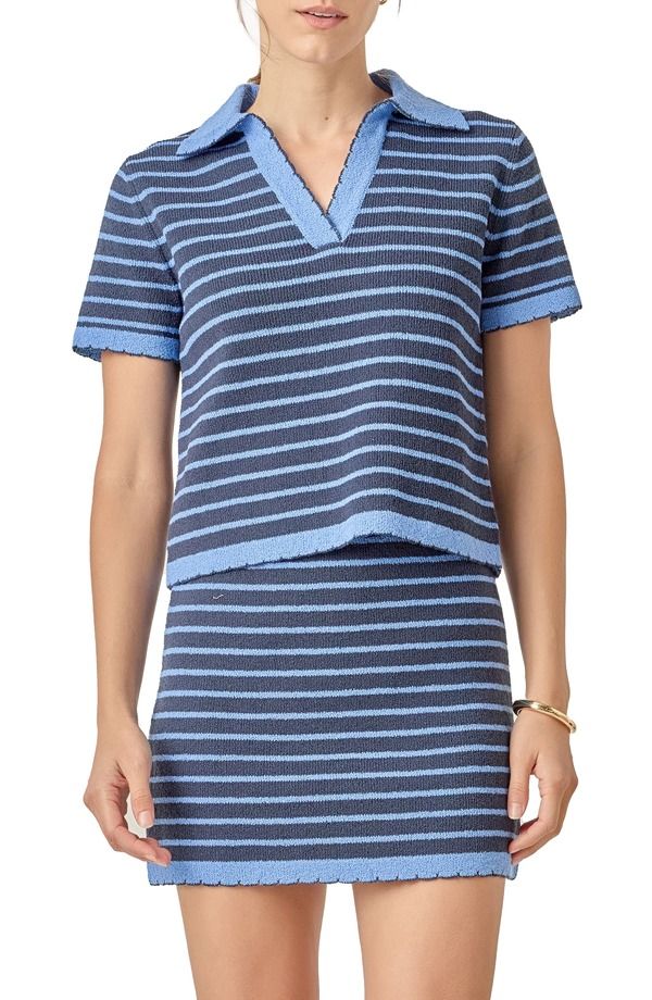 イングリッシュファクトリー レディース アウター パーカー・スウェット ポロシャツ セーター English Factory Stripe Polo Scallop Hem Sweater Powder Blue Navy ネイビー