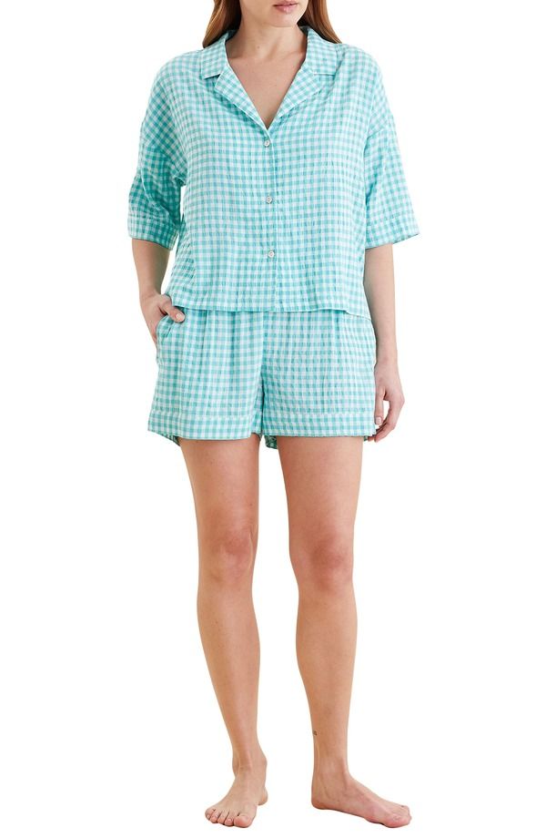 パピネール レディース アンダーウェア ナイトウェア ギンガムチェック ギンガム Papinelle Gingham Seersucker Pajamas Blue Turquoise ブルー