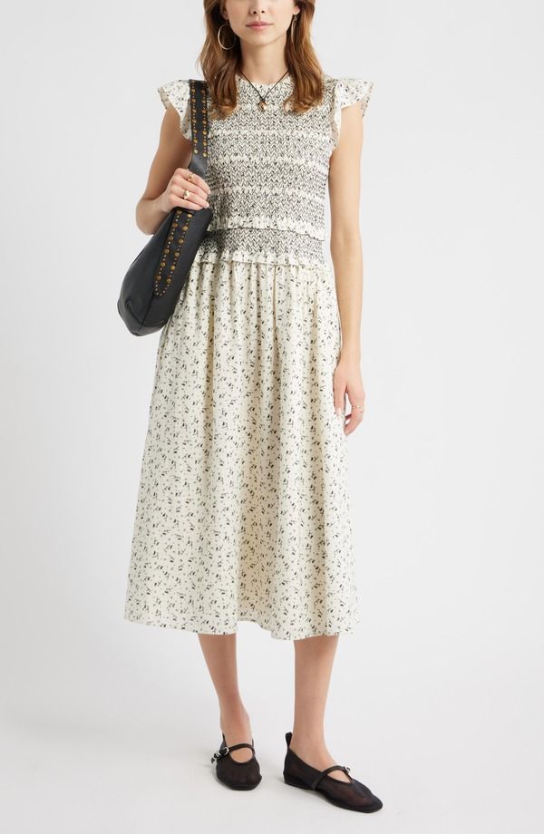 トレジャーアンドボンズ レディース トップス ワンピース ミディ シャーリング コットン Treasure Bond Smocked Bodice Tie Back Cotton Midi Dress Ivory Black Wallpaper Ditsy ア