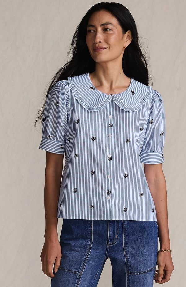 ランズエンド レディース トップス シャツ Lands End Easy Care Puff Sleeve Statement Collar Shirt WhiteBlue Floral Stripe ホワイト