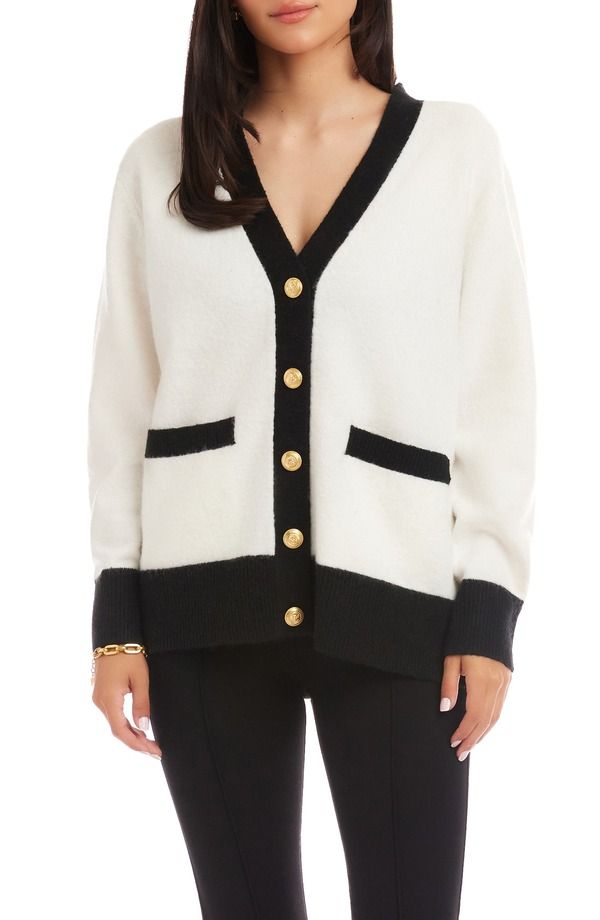 カレンケーン レディース アウター パーカー・スウェット カラーブロック カーディガン Karen Kane Colorblock Trim Cardigan Ivory Black アイボリー
