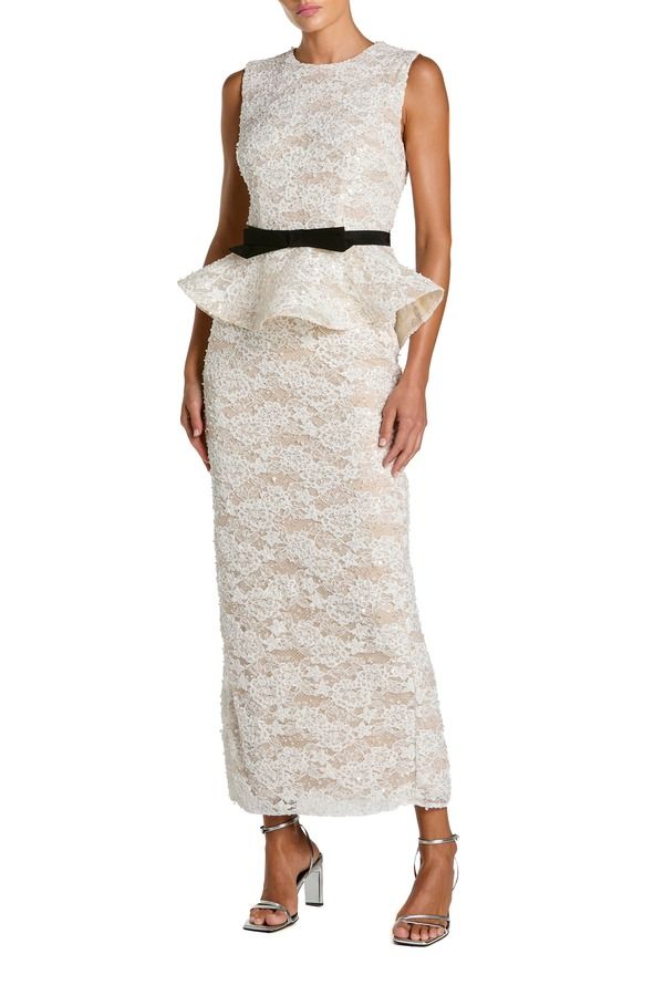 マックダガル レディース トップス ワンピース ノースリーブ レース Mac Duggal Sleeveless Lace Peplum Top Column Gown With Bow Ivory Nude アイボリー