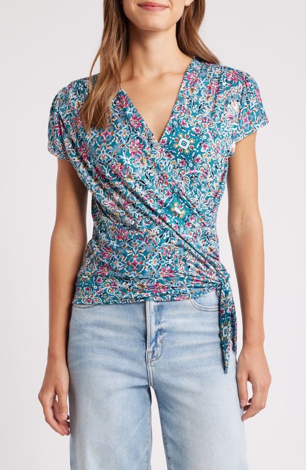 ラブアペラ レディース トップス シャツ プリント Loveappella Print Wrap Top Teal Rose ティール