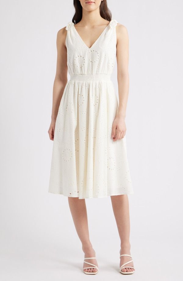 アンクライン レディース トップス ワンピース コットン Anne Klein Bow Shoulder Cotton Eyelet Sundress Pearl White ホワイト