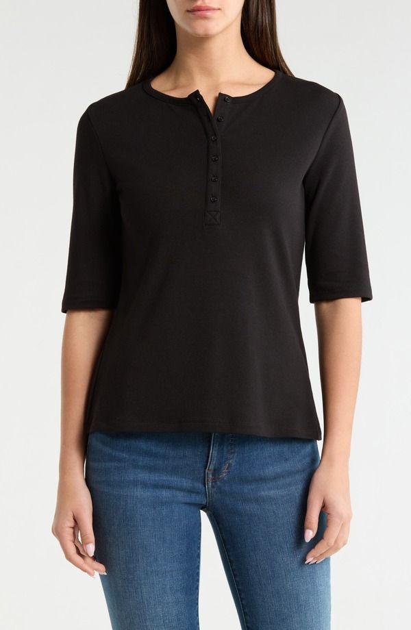 エヌワイディージェイ レディース トップス シャツ NYDJ Rib Henley Black ブラック