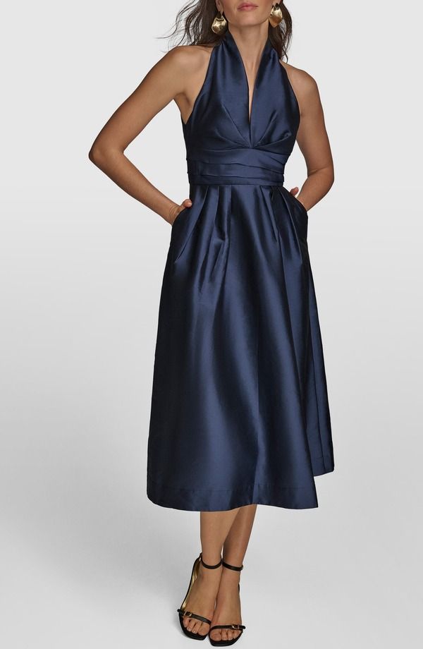 ダナ キャラン ニューヨーク レディース トップス ワンピース ミディ Donna Karanew York Plunge Neck Taffeta Midi Dress Taffeta Blue ブルー