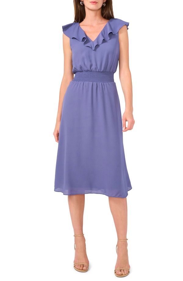 ヴィンスカムート レディース トップス ワンピース フリル ミディ シャーリング Vince Camuto Ruffle Smocked Midi Dress Indigo インディゴ