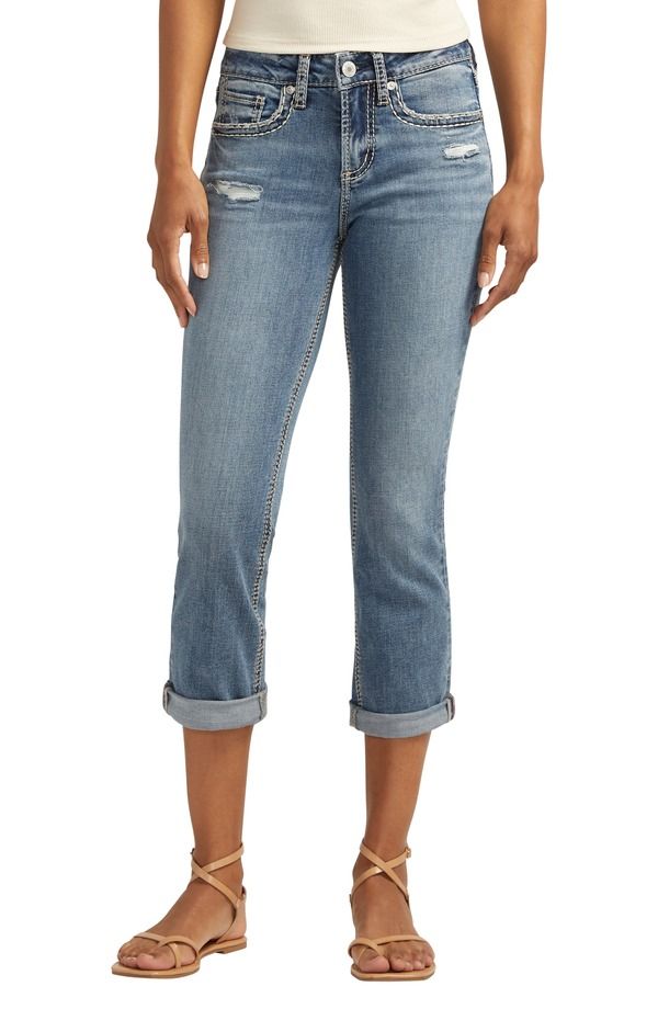 シルバー ジーンズ レディース ボトムス カジュアルパンツ キャップ Silver Jeans Co Suki Curvy Fit Ripped Mid Rise Capri Jeans Indigo インディゴ