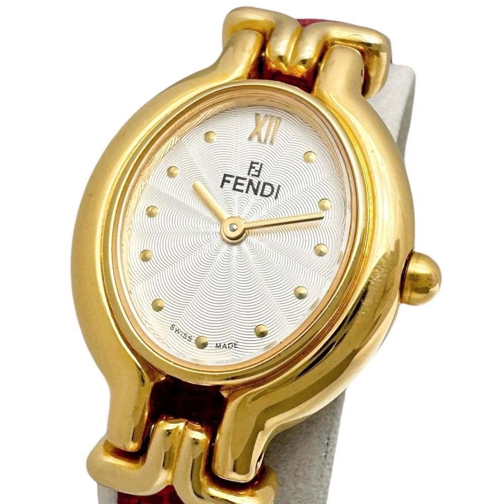 【FENDI/フェンディ】640L 腕時計 GP/レザー クオーツ シルバー文字盤/レッドレザーベルト レディース 【中古】【真子質店】【GD】