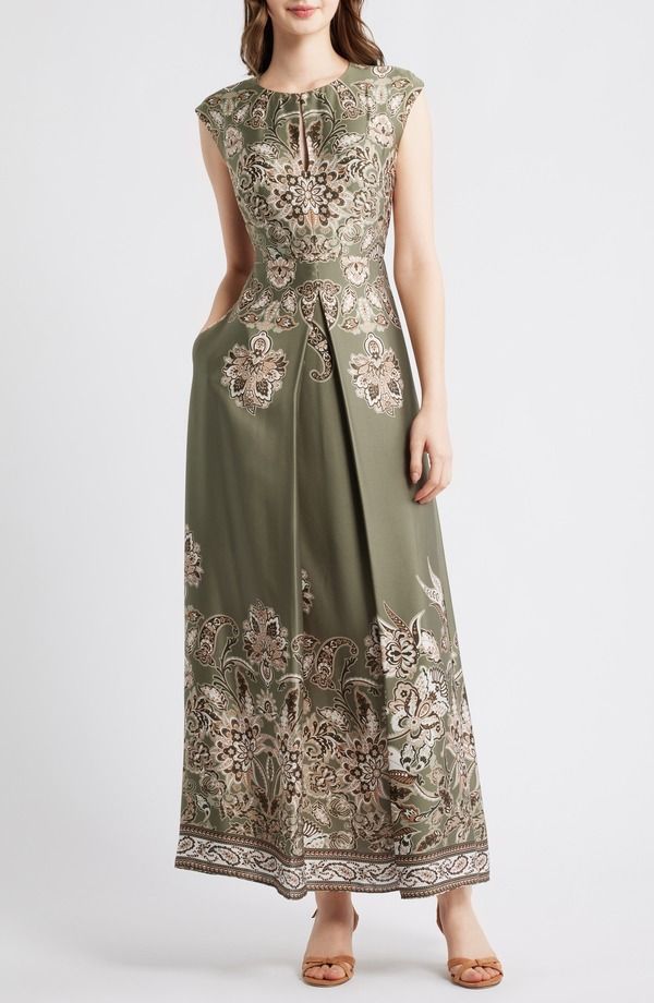 ヴィンスカムート レディース トップス ワンピース プリント サテン レース Vince Camuto Placed Print Satin Gown Light Sage セージ