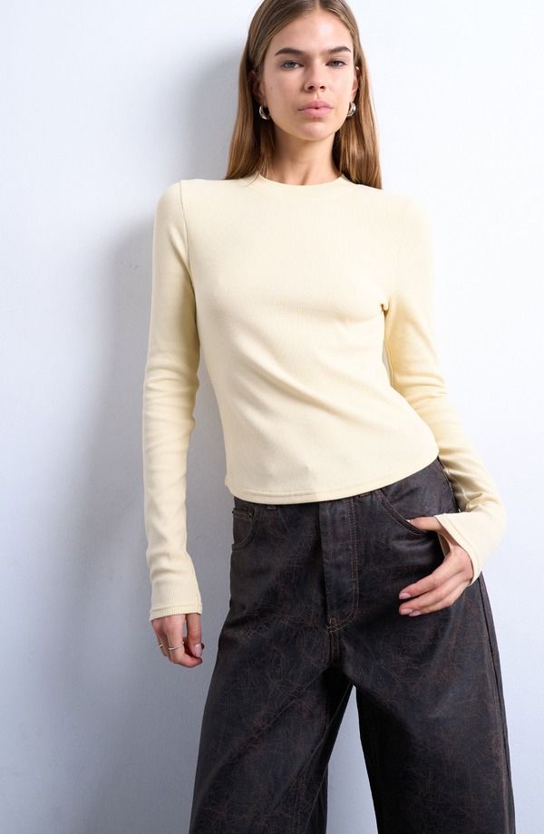 トップショップ レディース トップス シャツ リブニット Topshop Rib Knit Long Sleeve Top Buttermilk