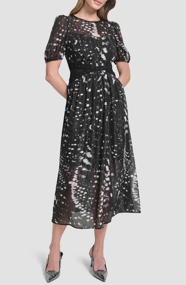 ダナ キャラン ニューヨーク レディース トップス ワンピース シフォン DKNY Shine Puff Sleeve Crinkle Chiffon Dress Reflected Lights