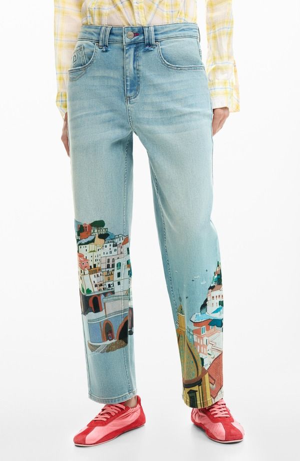 デジグアル レディース ボトムス デニムパンツ プリント アンクル ジーンズ グラフィック Desigual Graphic Print Ankle Taper Jeans Medium Blue ブルー
