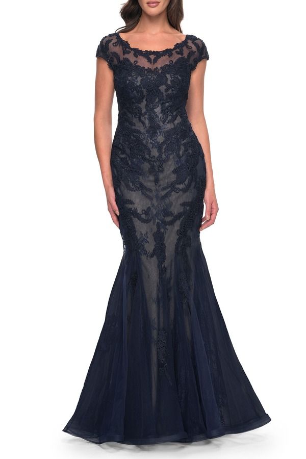 ラフェム レディース トップス ワンピース キャップ レース La Femmermaid Lace Dress with Cap Sleeves and Illusioneckline Navy ネイビー