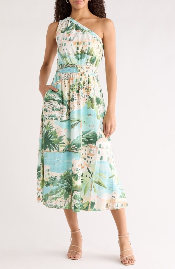 シュガーリップス レディース トップス ワンピース ミディ ワンショルダー シャーリング SUGARLIPS Piti Town Islay Smocked OneShoulder Midi Dress AquaMulti アクア