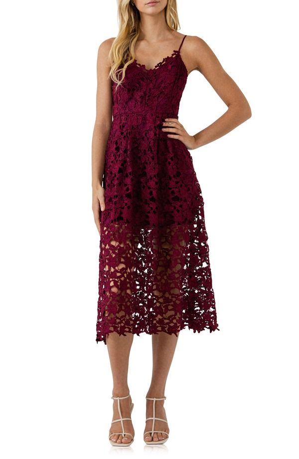 エンドレスローズ レディース トップス ワンピース ミディ レース Endless Rose Lace Spaghetti Strap Midi Dress Burgundy バーガンディ