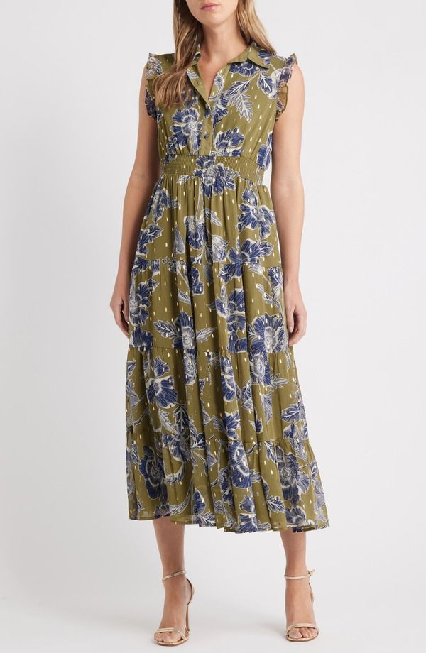 アンクライン レディース トップス ワンピース フラワー柄 プリントール シャツ ノースリーブ フラワー Anne Klein Sleeveless Metallic Floral Print Shirtdress Hunter Olive Multi オリー