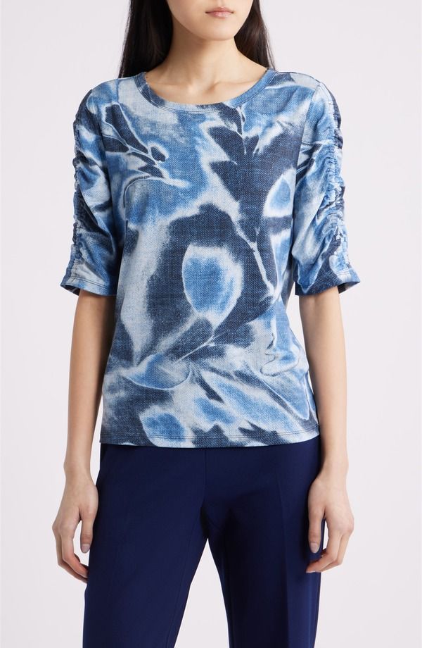 アンクライン レディース トップス シャツ プリント ギャザー Anne Klein Print Ruched Elbow Sleeve Top Distant Mountain Multi マルチカラー
