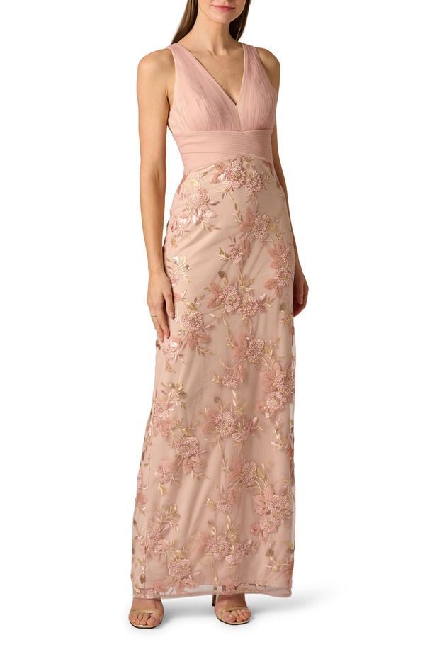 アイダンマットックス レディース トップス ワンピース メッシュ 刺繍 Aidan Mattox Embroidered Mesh Gown Blush ブラッシュ