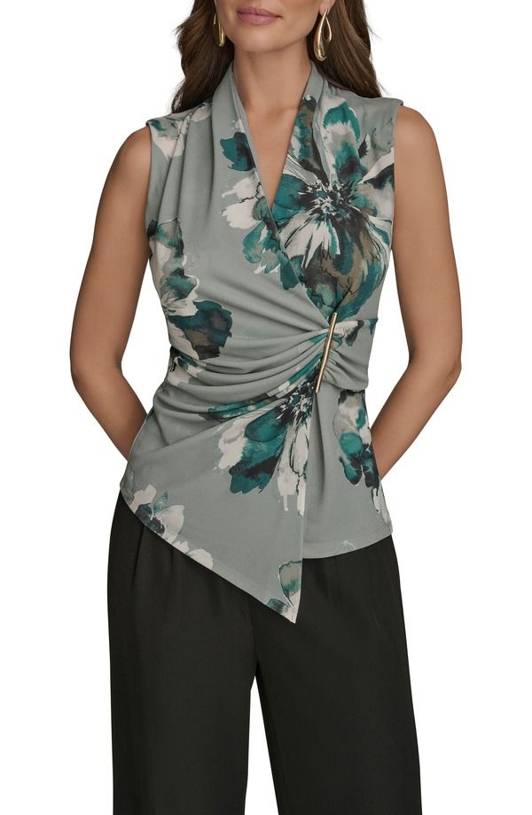 ダナ キャラン ニューヨーク レディース トップス シャツ フラワー柄 ノースリーブ フラワー Donna Karanew York Floral Sleeveless Faux Wrap Top Weathered Sage セージ