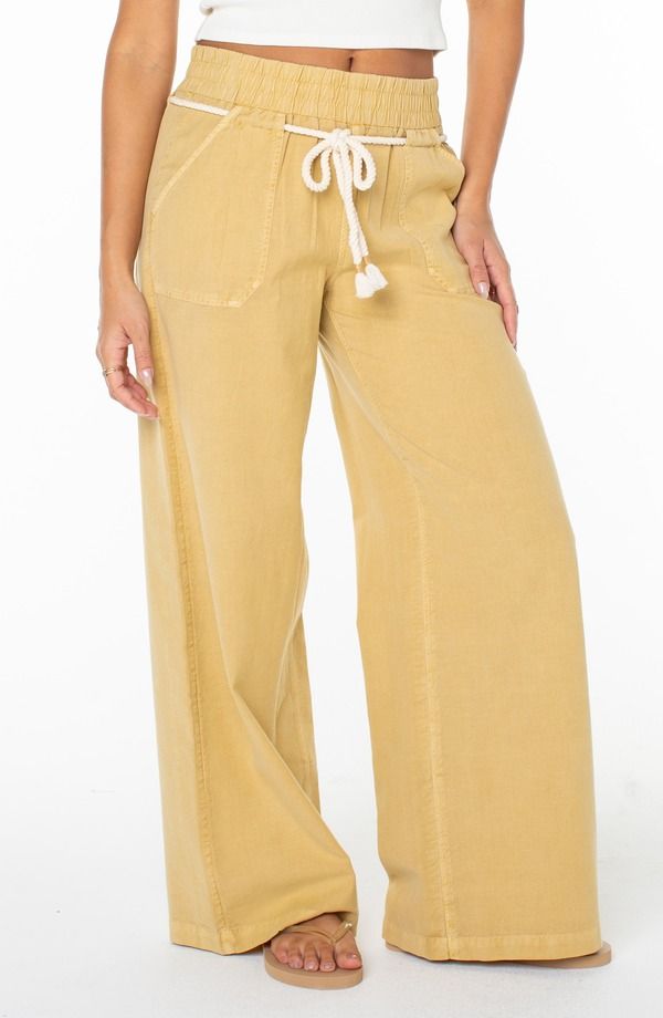 ロキシー レディース ボトムス レギンス パンツ コットン リネン Roxy Paddle On Drawstring Cotton Linen Pants Curry
