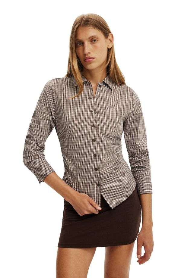 コットンオン レディース トップス シャツ Cotton Womens Peyton Gathered Long Sleeve Shirt Hazel Micro Check Rich Mocha モカ