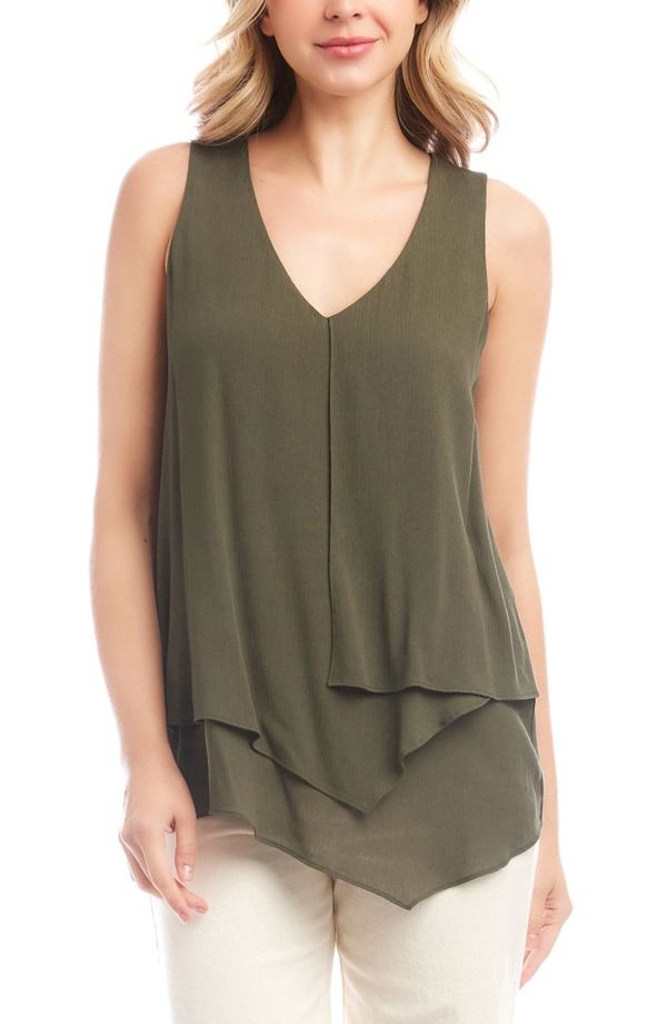 カレンケーン レディース トップス シャツ アシンメトリー ドレープ Karen Kane Drape Layered Asymmetric Gauze Tank Olive オリーブ