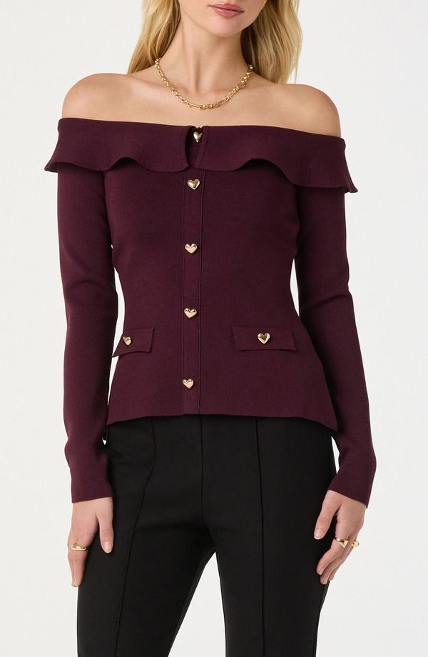 アストール レディース アウター パーカー・スウェット セーター ASTR the Label Heart Button Off the Shoulder Sweater Burgundy バーガンディ