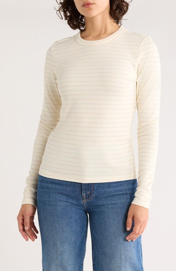 マリーン レイヤー レディース トップス Tシャツ Marine Layer Lexi Stripe SunIn Rib Long Sleeve TShirt Ivory Rose Gold アイボリー