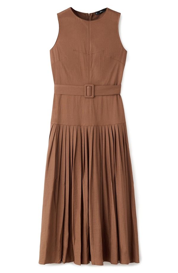 マンゴ レディース トップス ワンピース A ライン プリーツ ノースリーブ MANGO Sleeveless Pleated ALine Dress Brown ブラウン