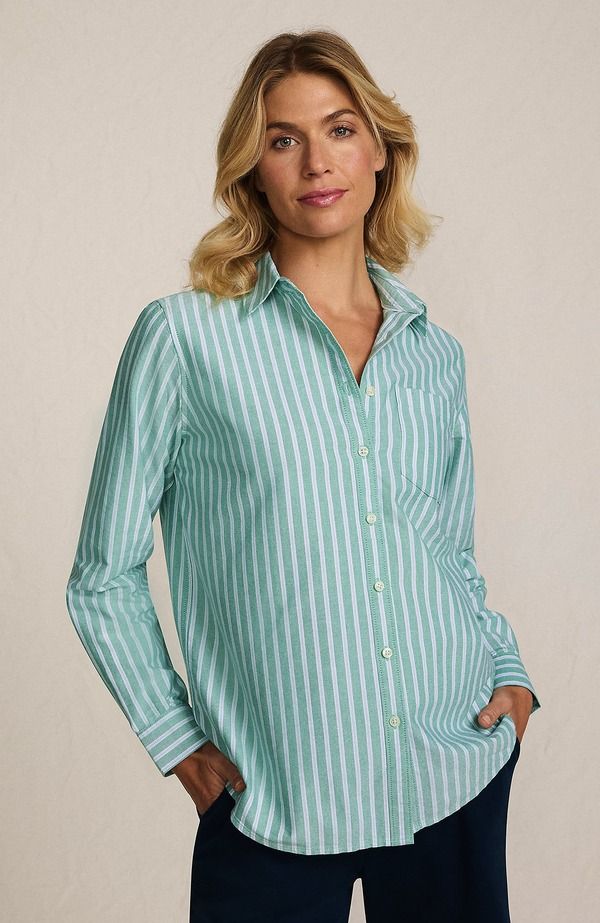 ランズエンド レディース トップス シャツ オックスフォード Lands End Oxford Shirtrue GreenBlue Sky Stripe ブルー