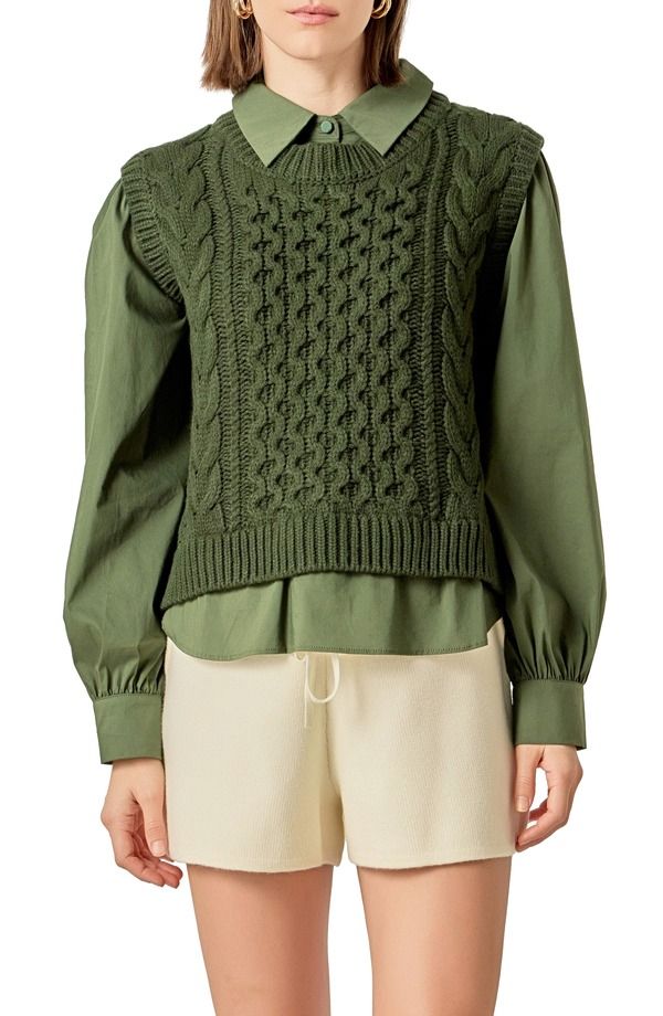 イングリッシュファクトリー レディース トップス シャツ セーター English Factory Mixed Media Cable Stitch Sweater Olive オリーブ