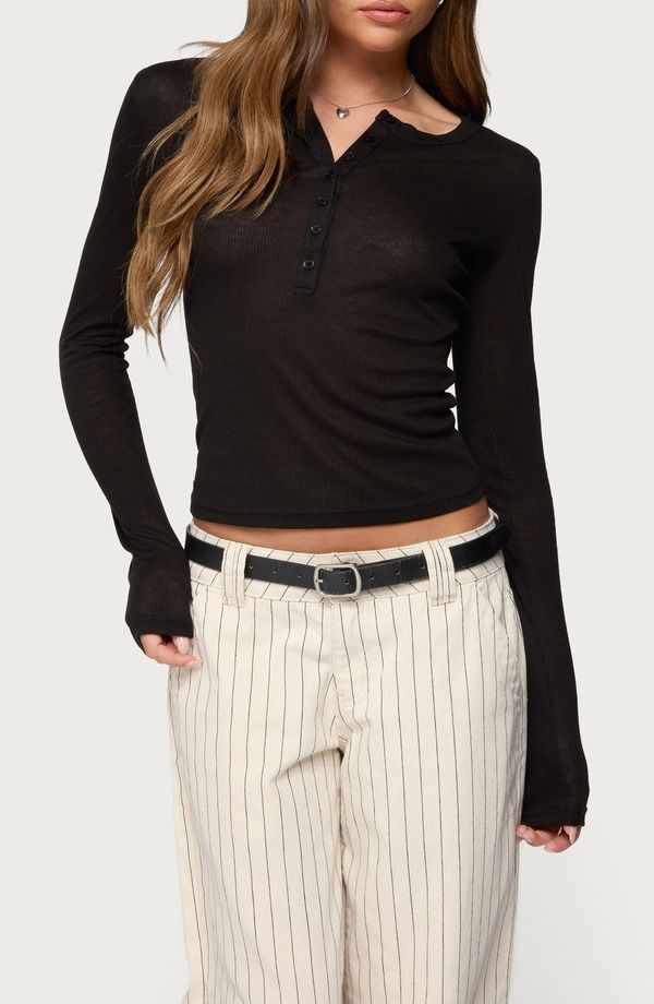 アディクテッド レディース トップス シャツ EDIKTED Nettie Rib Henley Top Black ブラック