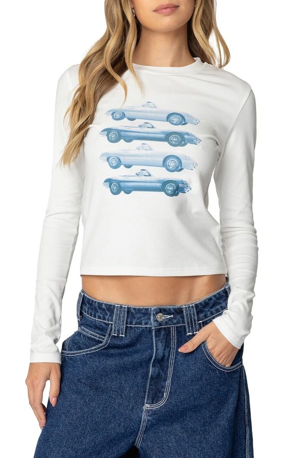 アディクテッド レディース トップス Tシャツ グラフィック EDIKTED Car Club Long Sleeve Graphic TShirt White ホワイト