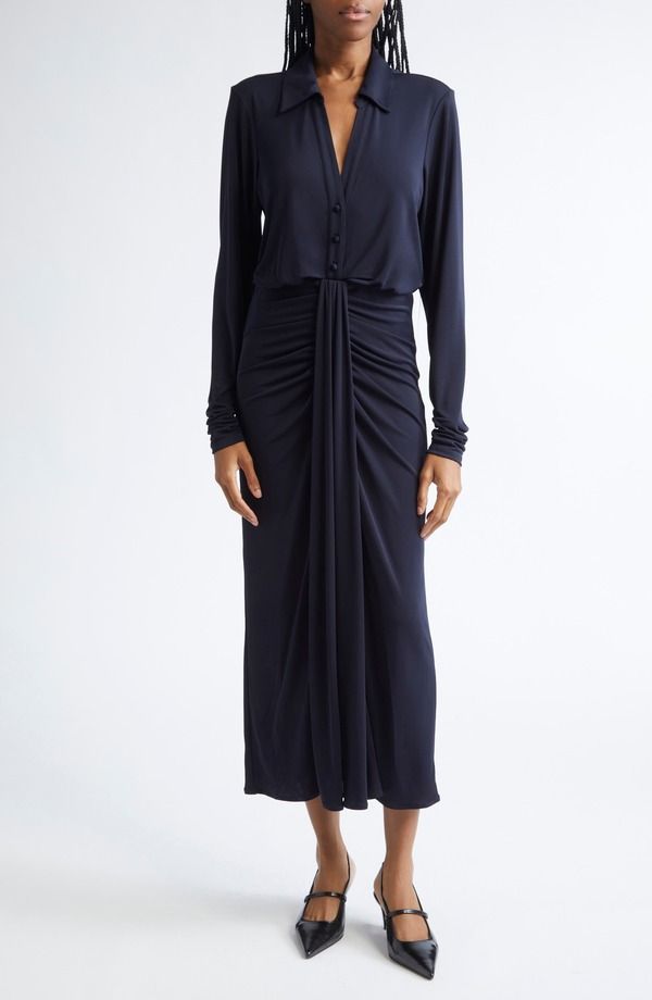 サンク セプト レディース トップス ワンピース ギャザー シャツ Cinq Sept Seferina Ruchedetailong Sleeve Shirtdress Navy ネイビー