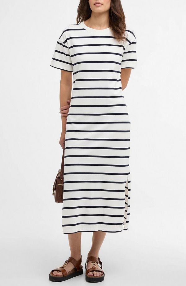 バブアー レディース ボトムス カジュアルパンツ ミディワンピース ミディ Tシャツ Barbour Selena Stripe TShirt Midi Dress Cloud Navy Stripe ネイビー