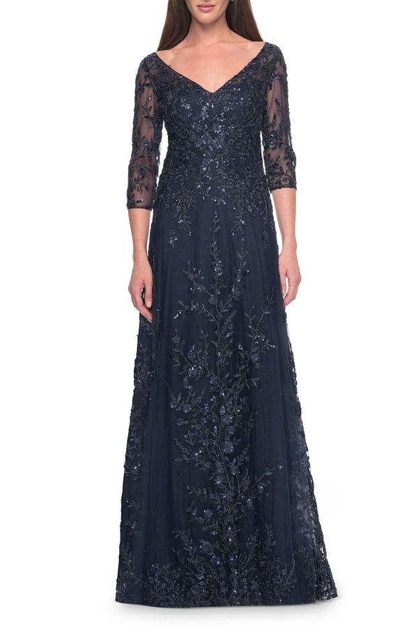 ラフェム レディース トップス ワンピース レース La Femme Stunning Eveningown with Lace Beadedesignavy ネイビー