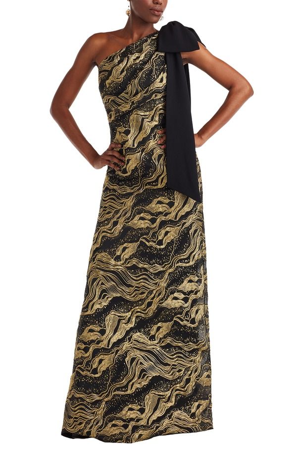 タダシショージ レディース トップス ワンピース ワンショルダー トール Tadashi Shoji Metallic Jacquard OneShoulder Gown GoldBlack ブラック