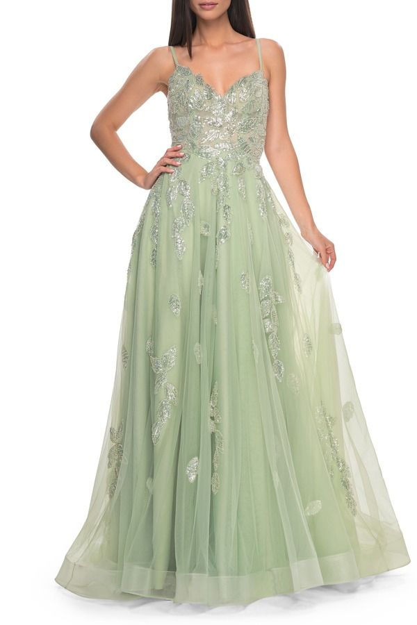 ラフェム レディース トップス ワンピース チュール A ライン フラワー柄 フラワー La Femme Two Tone Tulle ALine Prom Dress with Floral Beadedetail Sage セージ