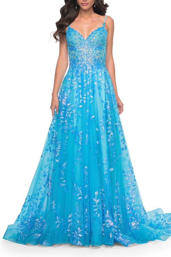 ラフェム レディース トップス ワンピース チュール A ライン プリント スパンコール レース La Femme Sequin Lace Printulle ALine Prom Dress with Illusion Bodice Blue ブルー