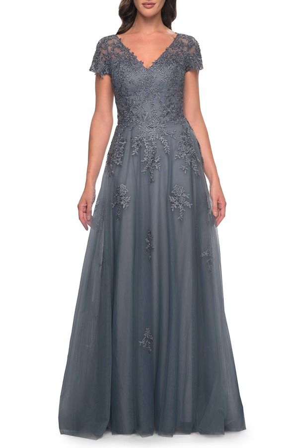 ラフェム レディース トップス ワンピース チュール A ライン レース La Femme ALine Tulle Gown with Lace Applique and Short Sleeveslate Blue スレート