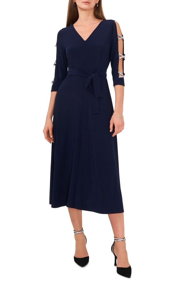 チャウス レディース トップス ワンピース ミディ Chaus Rhinestone Sleeve Fit Flare Midi Dress Navy ネイビー