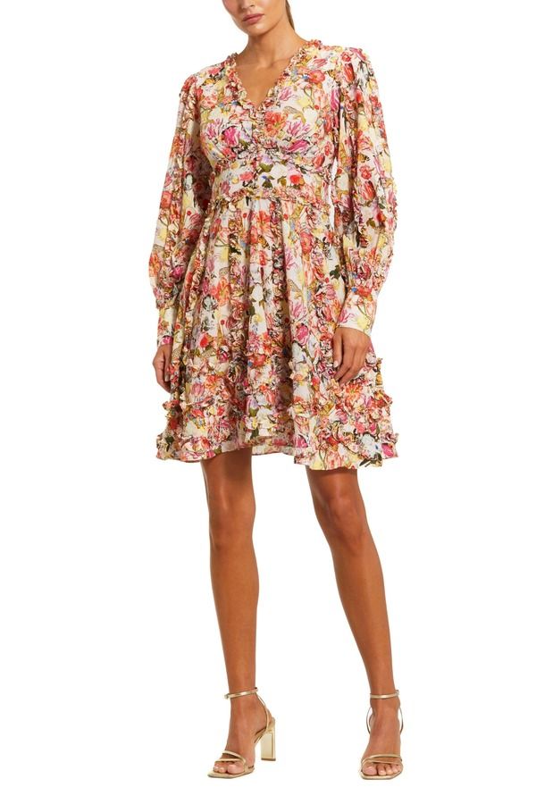 マックダガル レディース トップス ワンピース Vネック フラワー柄 フリル ミニ コットン フラワー Mac Duggal Ruffle Floral V Neck Cotton Mini Dress Pink Multi ピンク